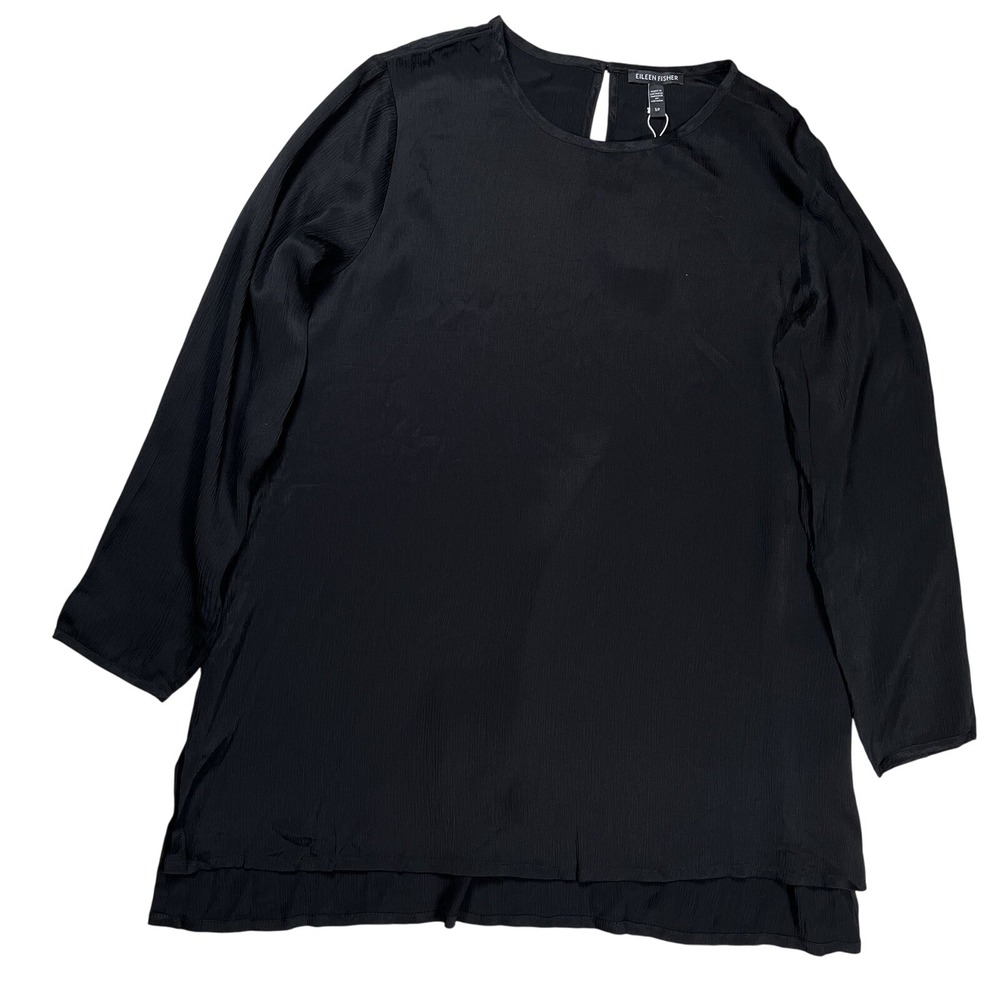 New Eileen Fisher Black Textured Cupro Round Neck Top Sz Small Minimalist Office